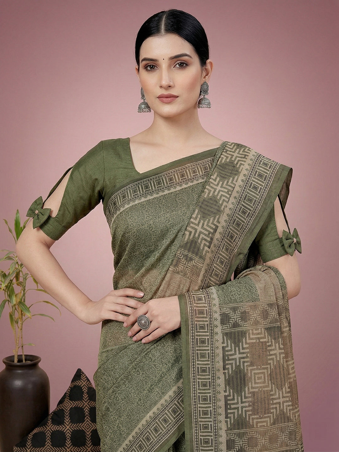 Green Paisley Print Pure Cotton Saree | No Blouse Piece