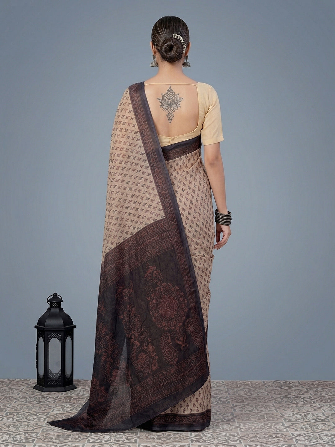 Beige Ethnic Motifs Print Pure Cotton Saree | No Blouse Piece