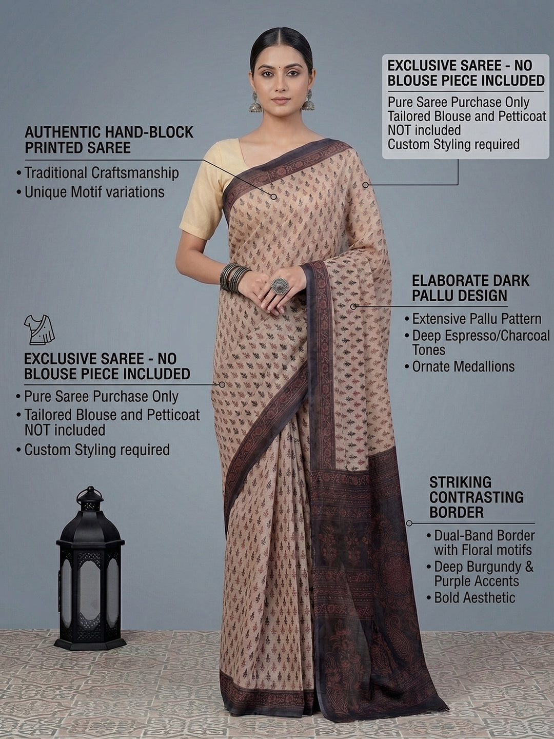 Beige Ethnic Motifs Print Pure Cotton Saree | No Blouse Piece