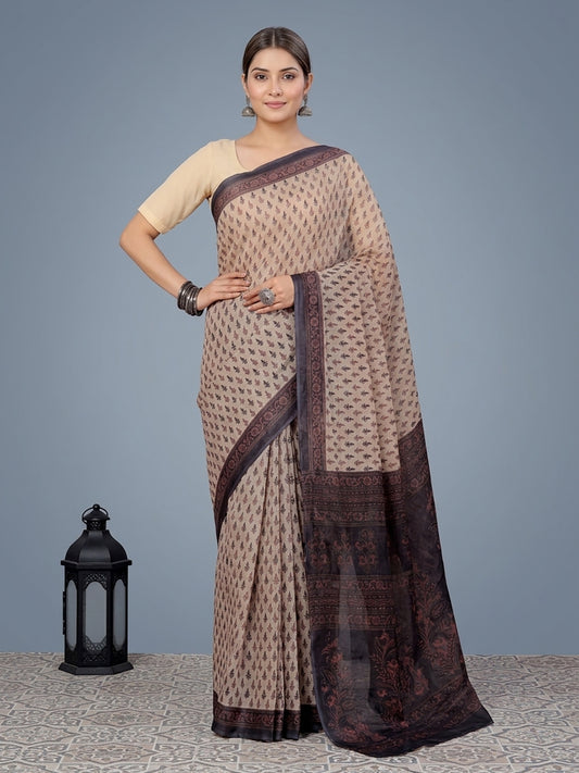 Beige Ethnic Motifs Print Pure Cotton Saree | No Blouse Piece