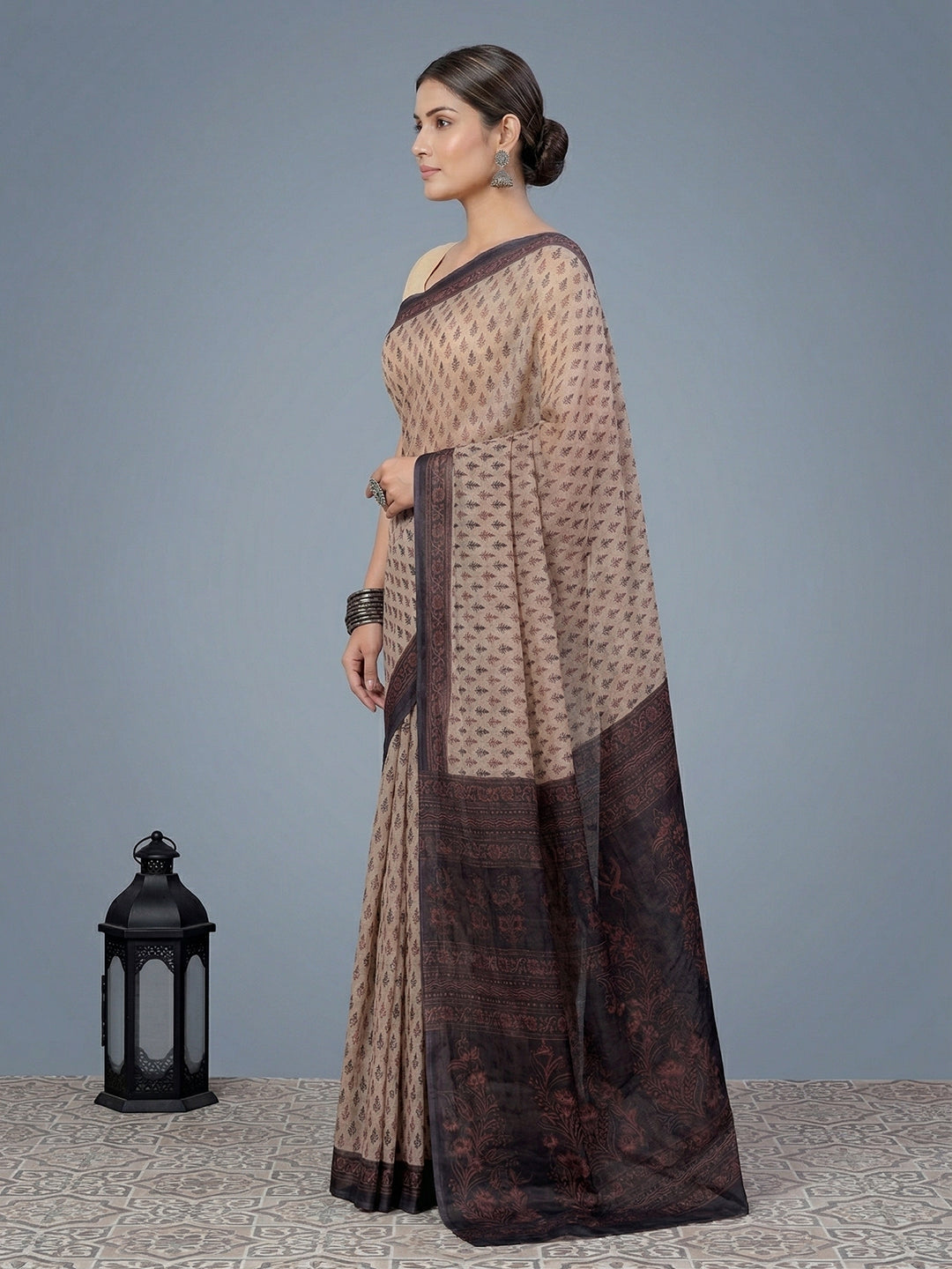 Beige Ethnic Motifs Print Pure Cotton Saree | No Blouse Piece