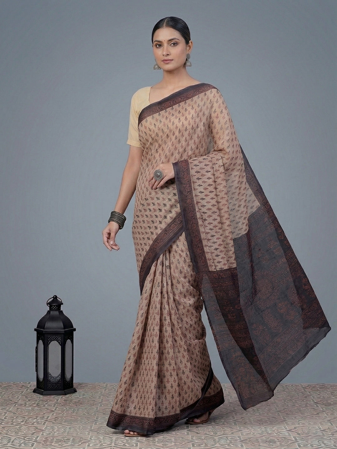 Beige Ethnic Motifs Print Pure Cotton Saree | No Blouse Piece