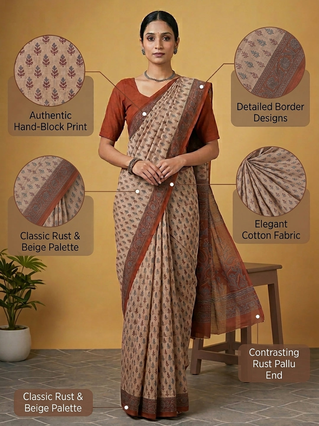 Beige Ethnic Motifs Print Pure Cotton Saree | No Blouse Piece