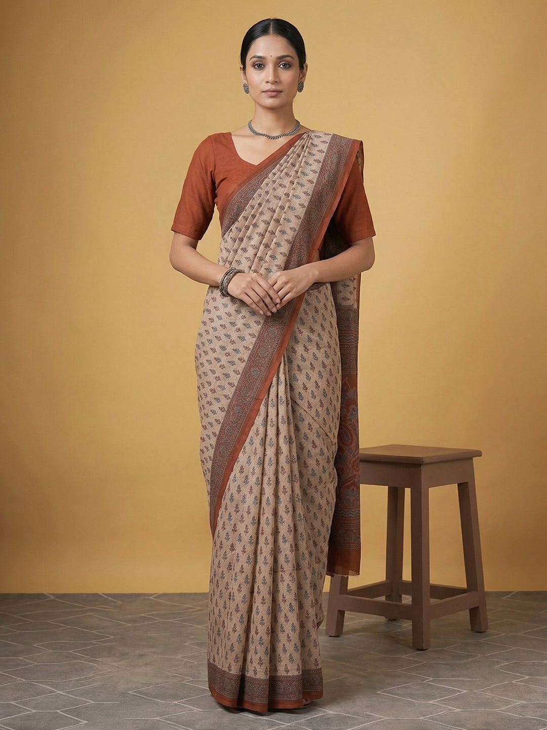 Beige Ethnic Motifs Print Pure Cotton Saree | No Blouse Piece
