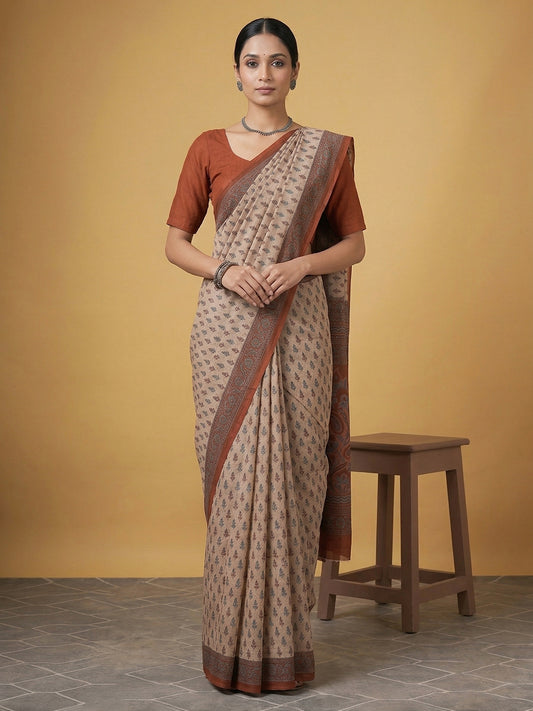 Beige Ethnic Motifs Print Pure Cotton Saree | No Blouse Piece