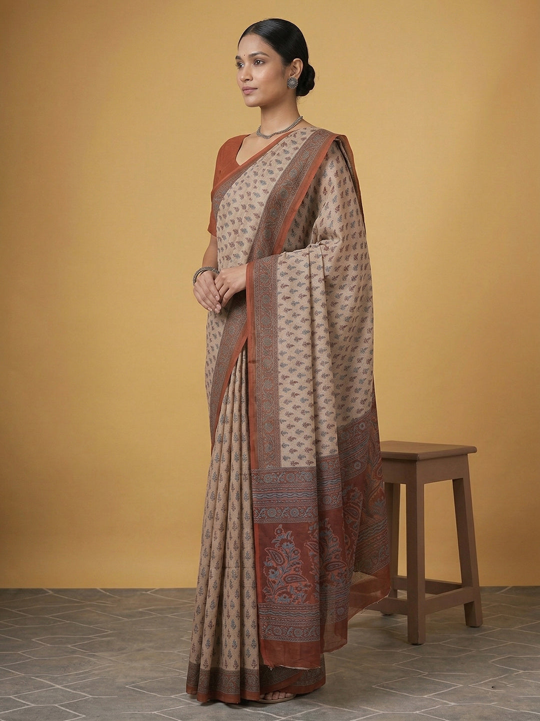 Beige Ethnic Motifs Print Pure Cotton Saree | No Blouse Piece