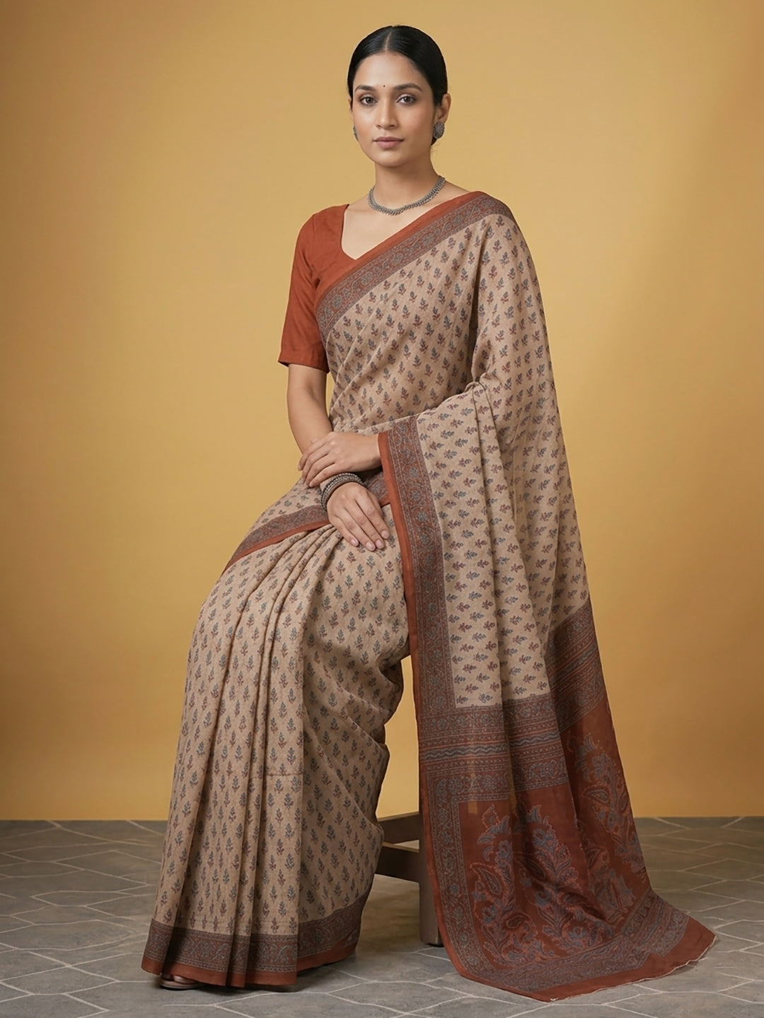 Beige Ethnic Motifs Print Pure Cotton Saree | No Blouse Piece