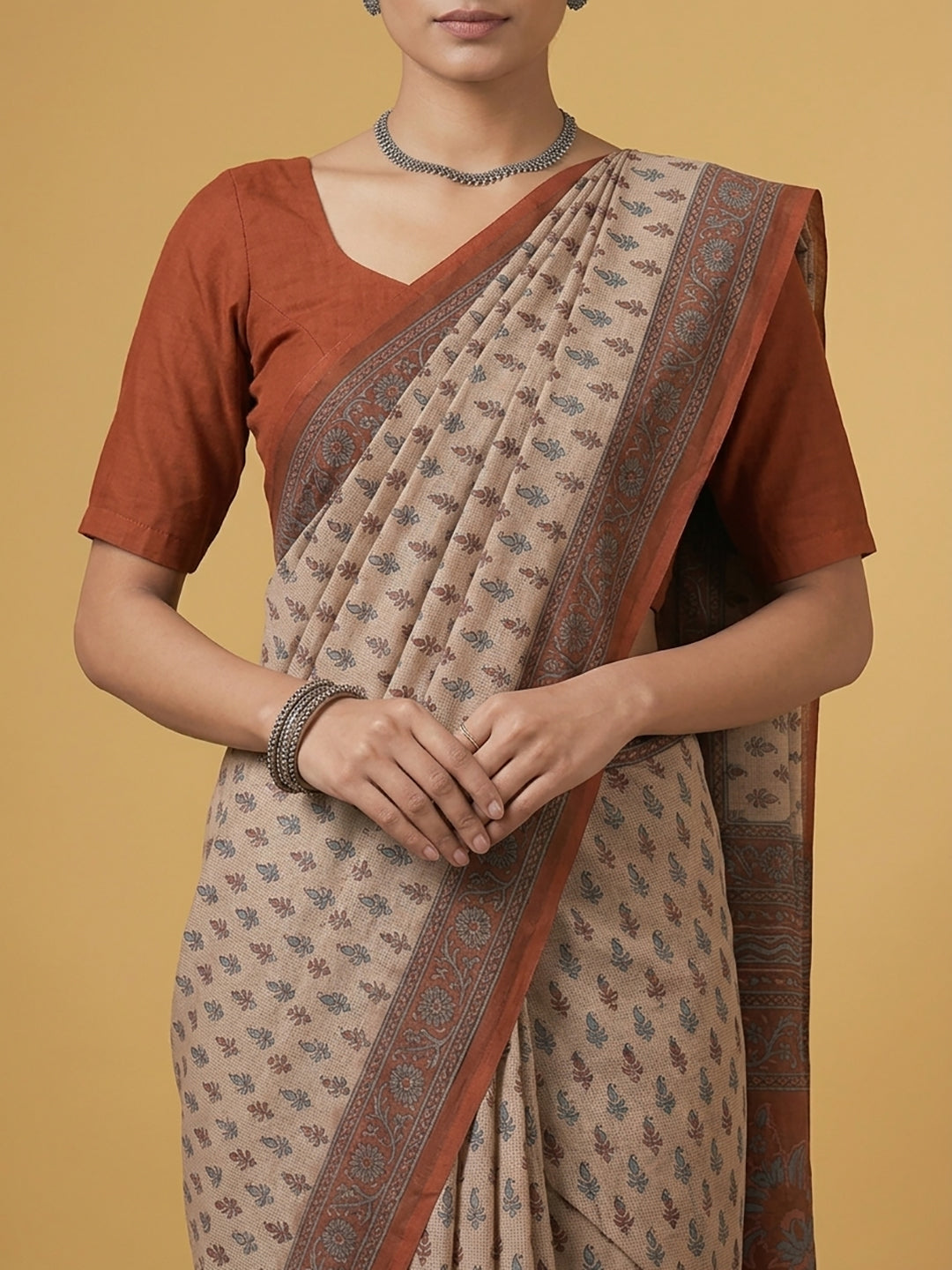 Beige Ethnic Motifs Print Pure Cotton Saree | No Blouse Piece