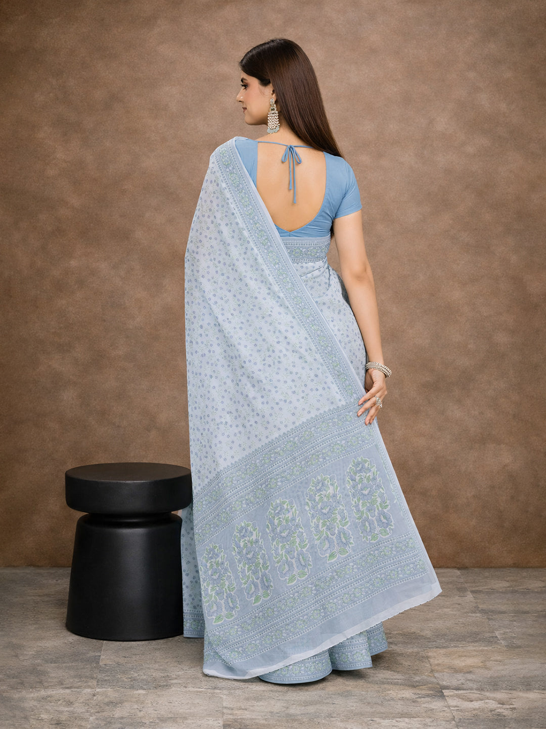 Grey Floral Print Pure Cotton Saree | No Blouse Piece