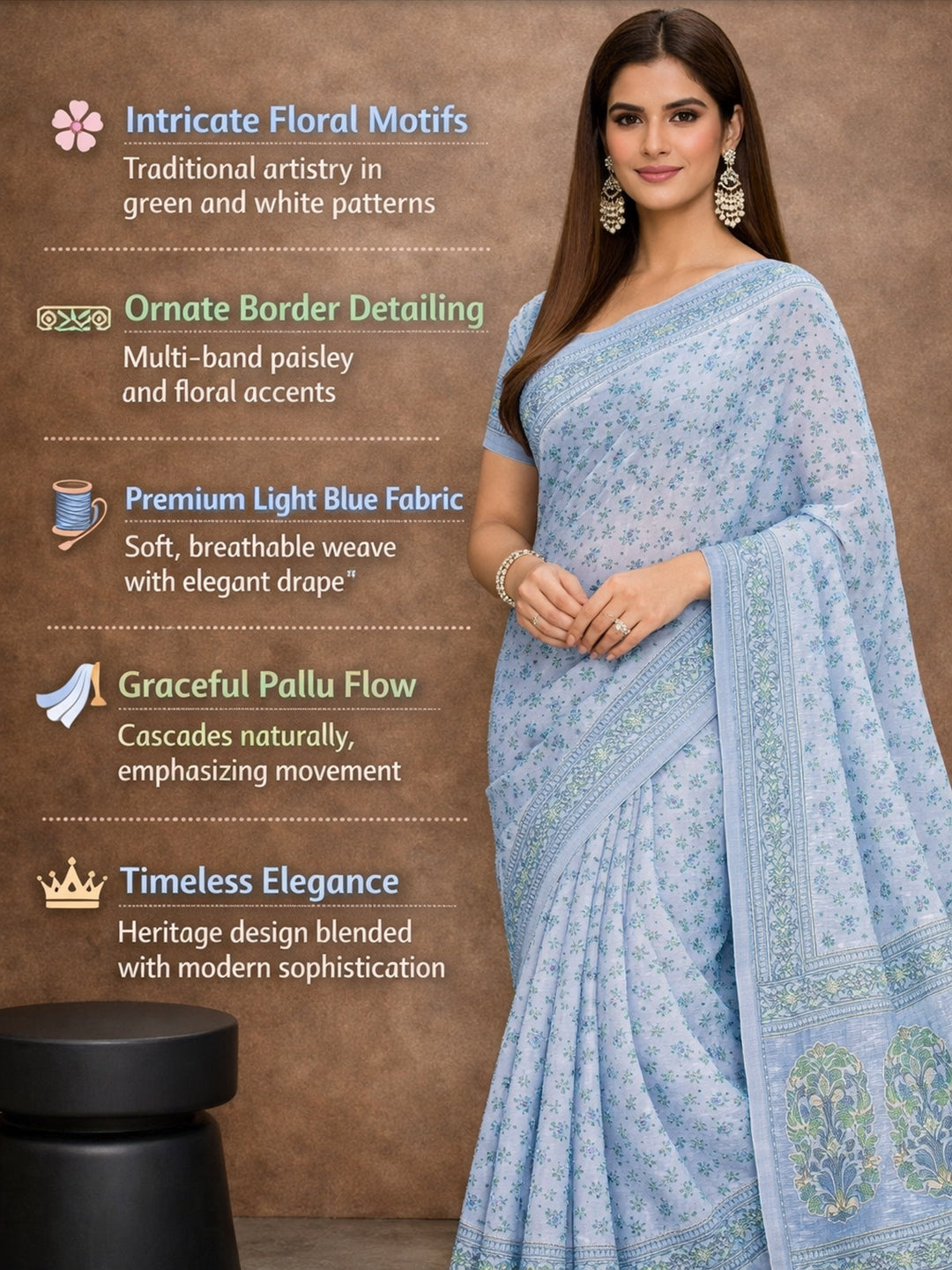 Grey Floral Print Pure Cotton Saree | No Blouse Piece