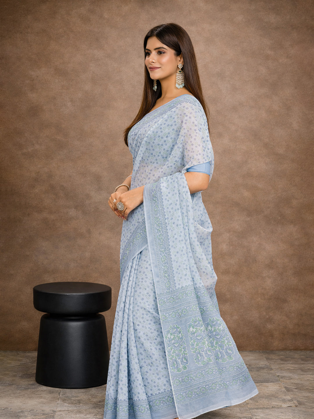 Grey Floral Print Pure Cotton Saree | No Blouse Piece