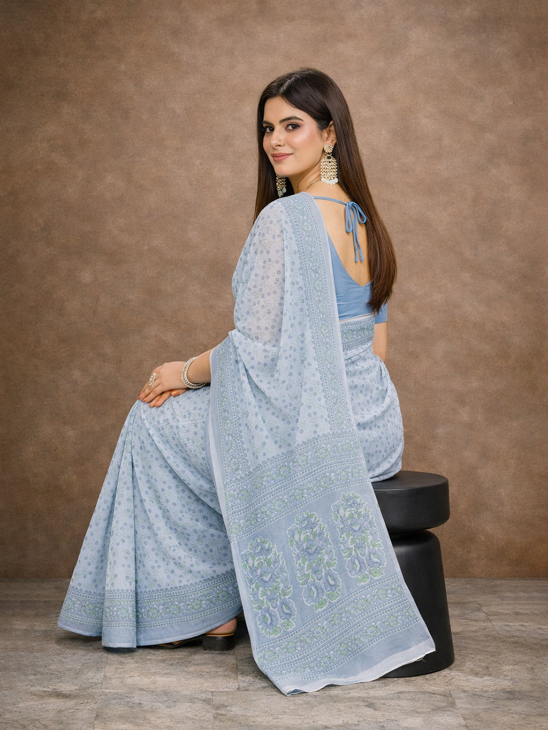 Grey Floral Print Pure Cotton Saree | No Blouse Piece