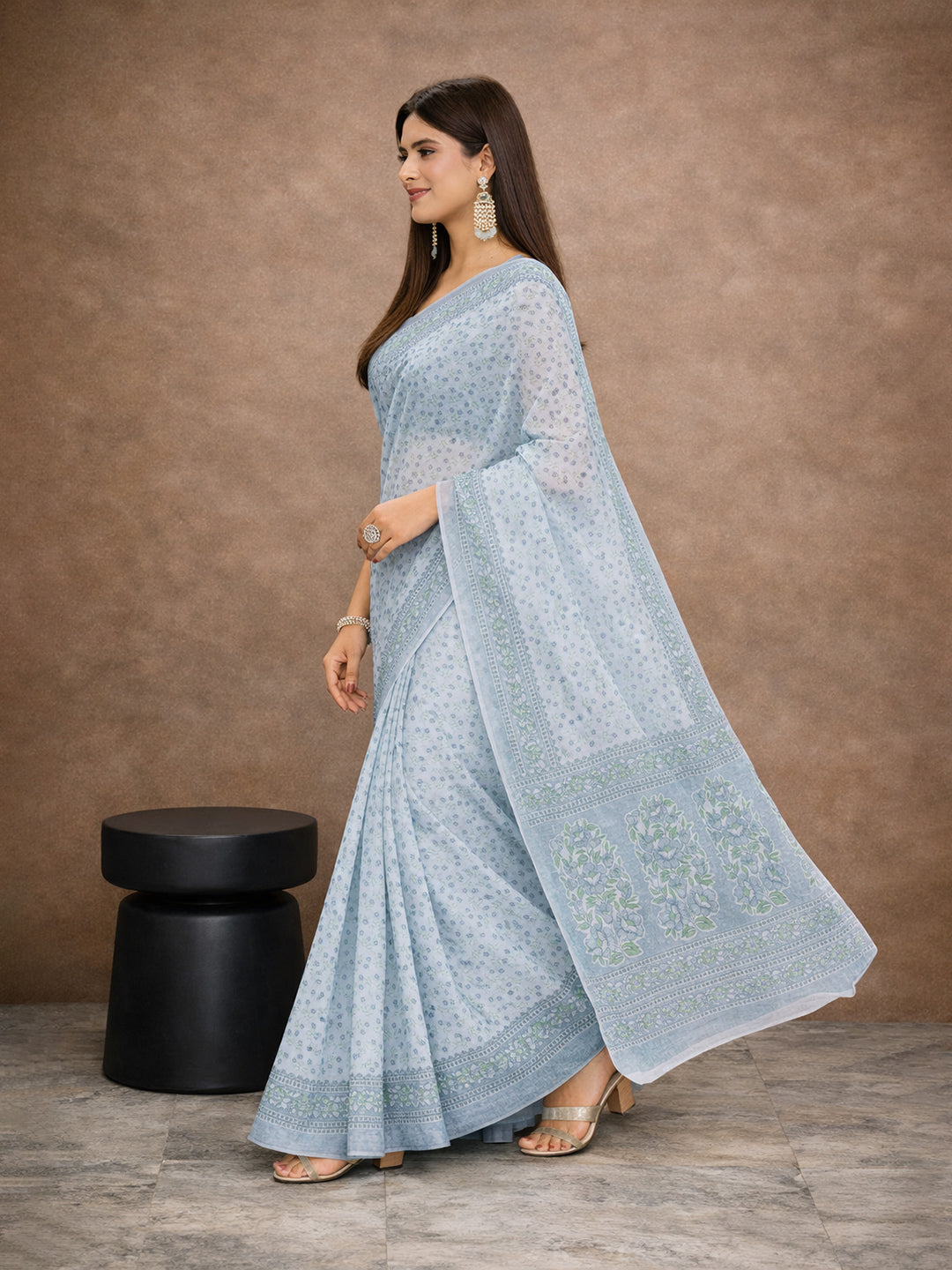 Grey Floral Print Pure Cotton Saree | No Blouse Piece
