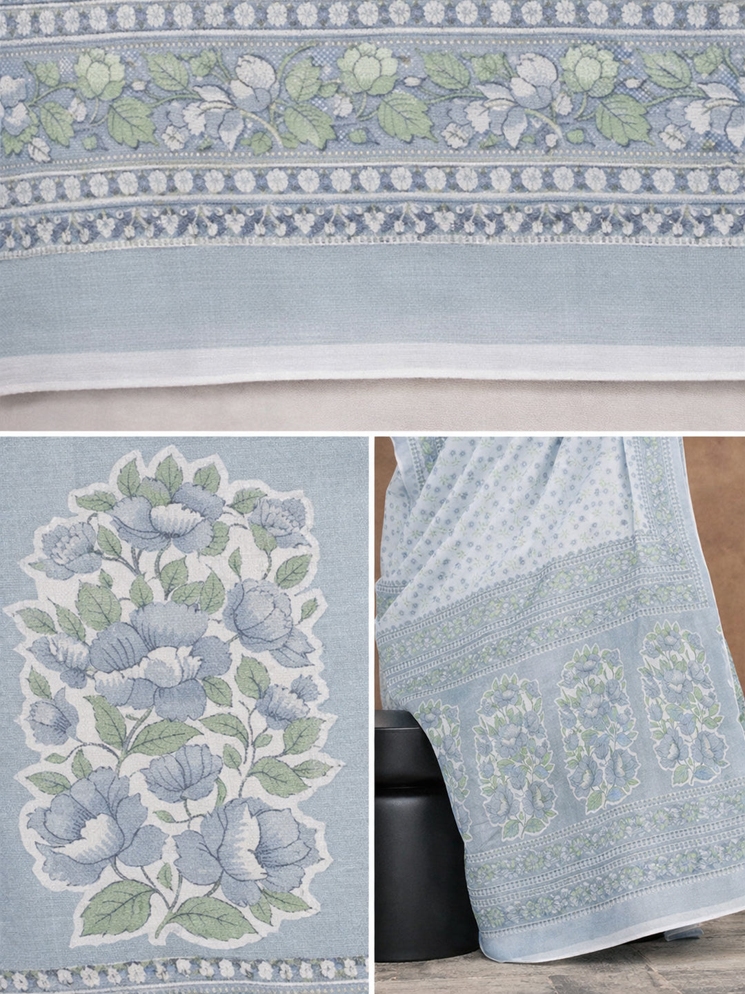 Grey Floral Print Pure Cotton Saree | No Blouse Piece