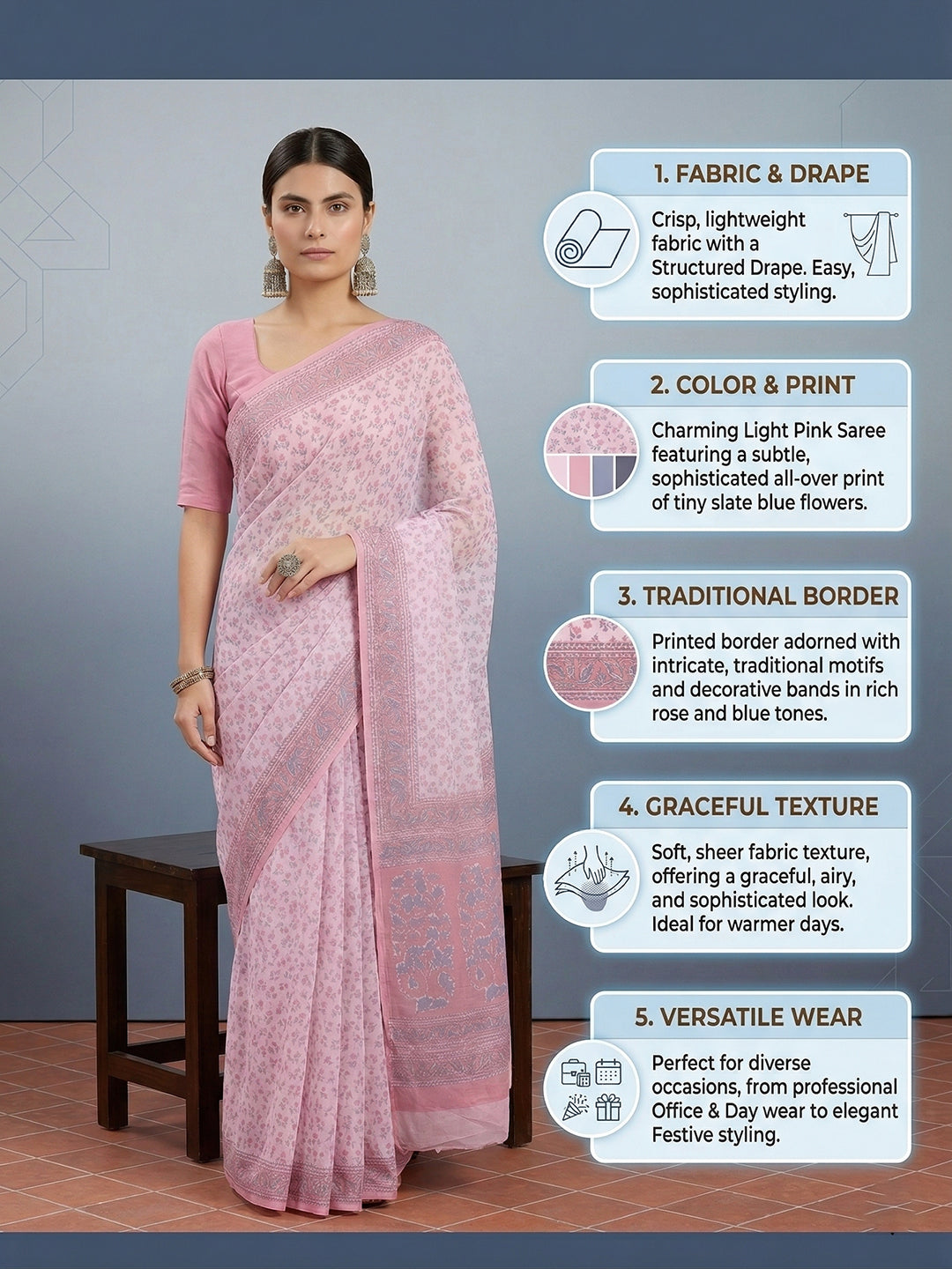 Pink Floral Print Pure Cotton Saree | No Blouse Piece