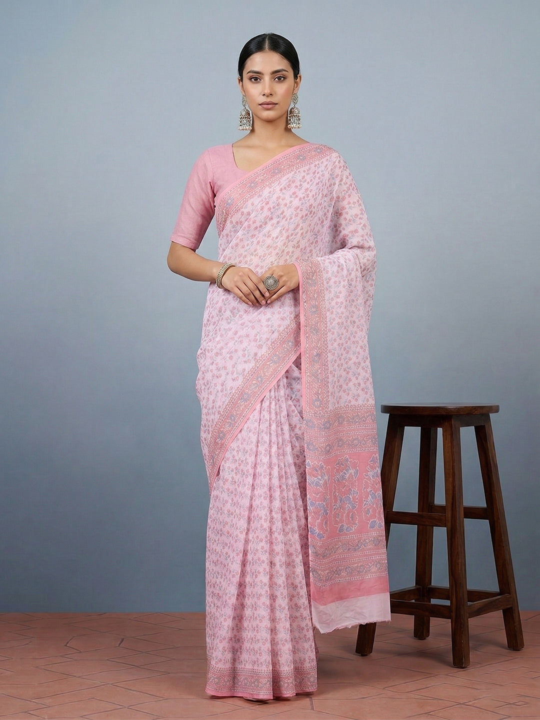Pink Floral Print Pure Cotton Saree | No Blouse Piece