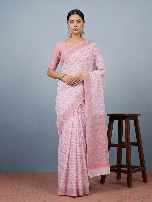 Pink Floral Print Pure Cotton Saree | No Blouse Piece