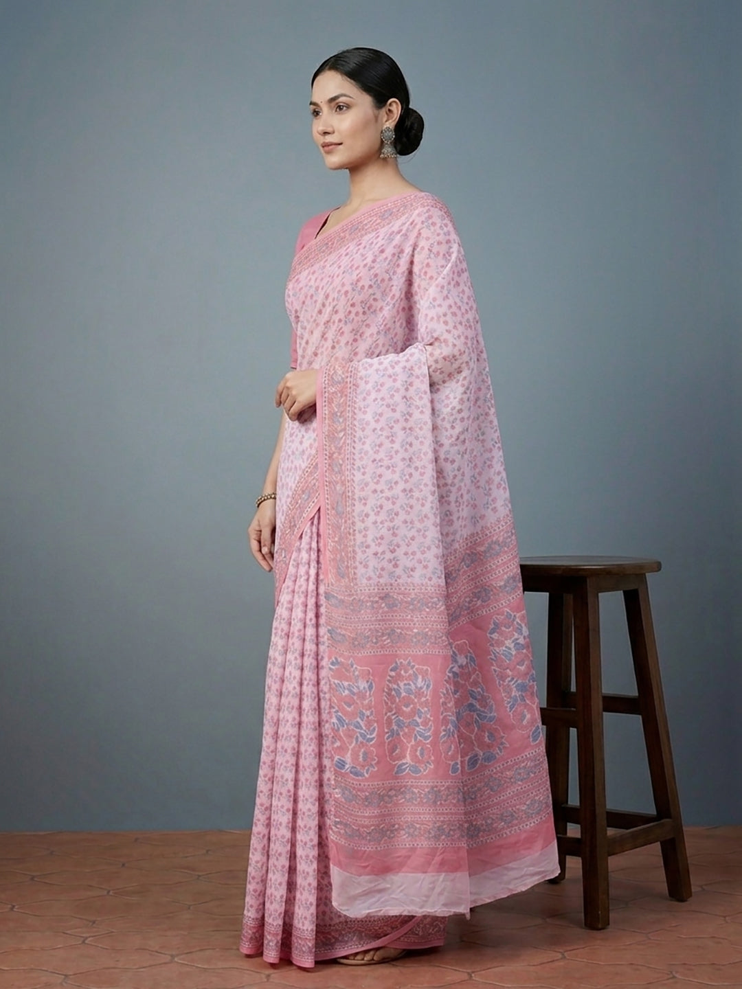 Pink Floral Print Pure Cotton Saree | No Blouse Piece