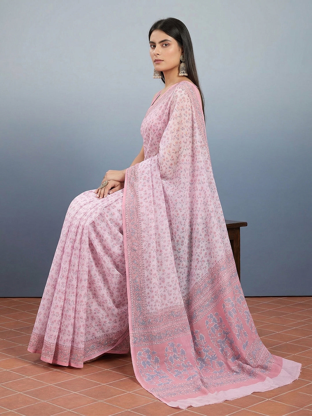 Pink Floral Print Pure Cotton Saree | No Blouse Piece