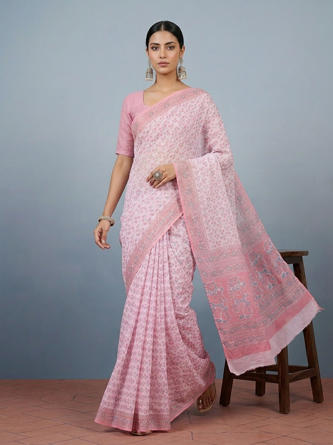 Pink Floral Print Pure Cotton Saree | No Blouse Piece