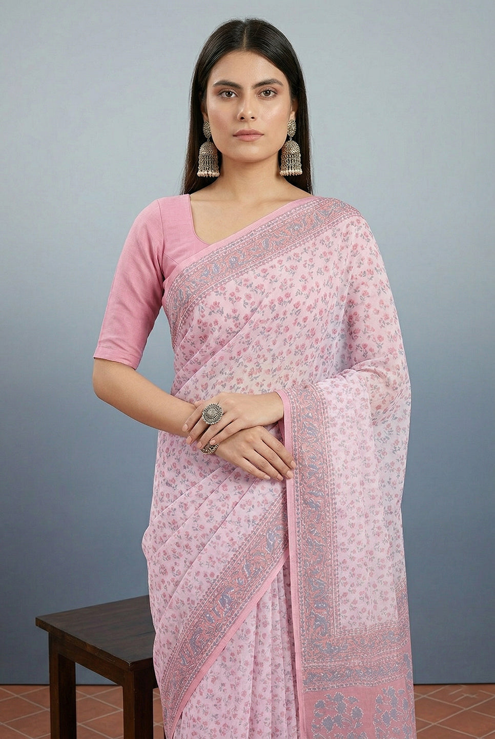 Pink Floral Print Pure Cotton Saree | No Blouse Piece