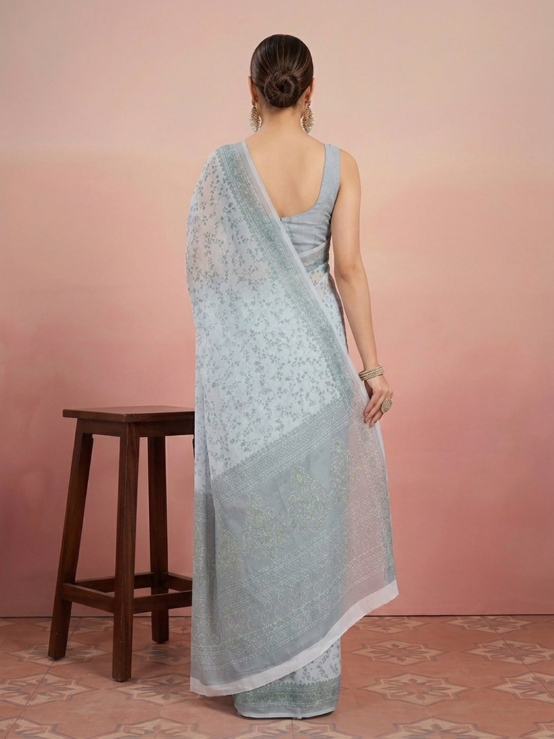 Grey Floral Print Pure Cotton Saree | No Blouse Piece