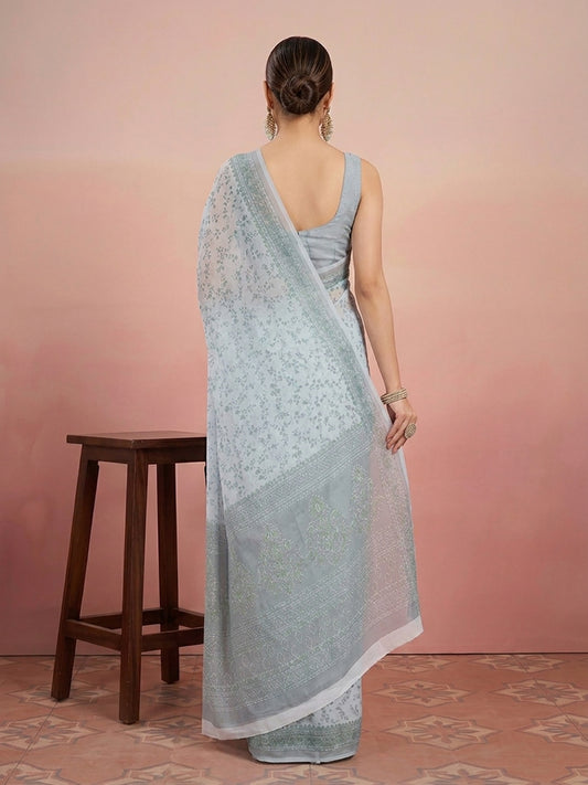 Grey Floral Print Pure Cotton Saree | No Blouse Piece