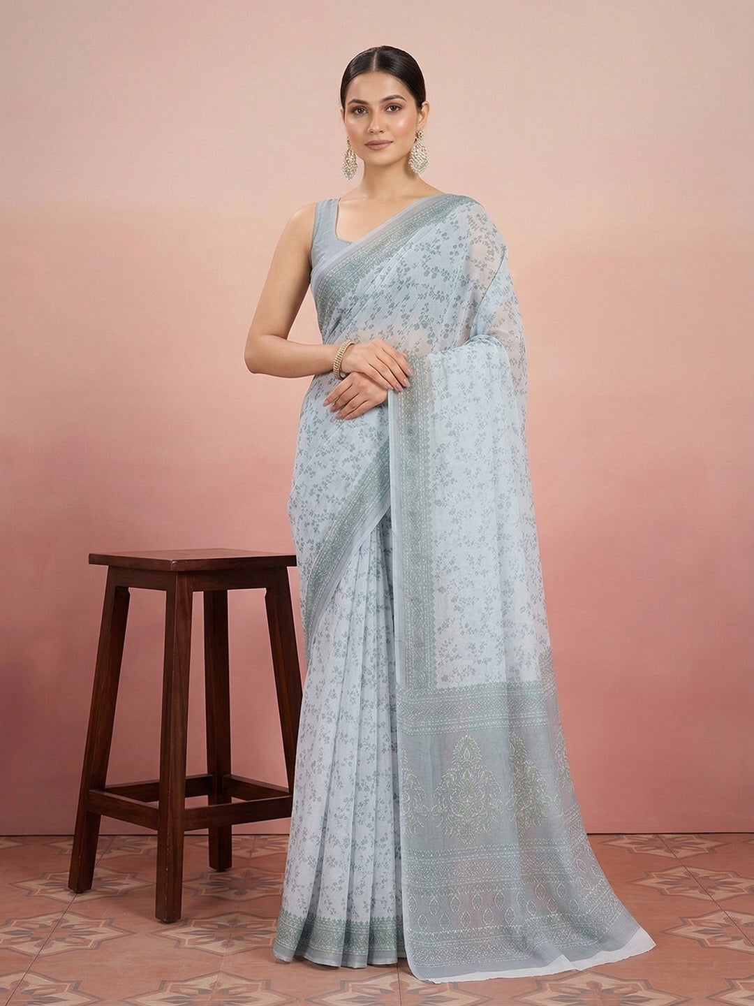 Grey Floral Print Pure Cotton Saree | No Blouse Piece