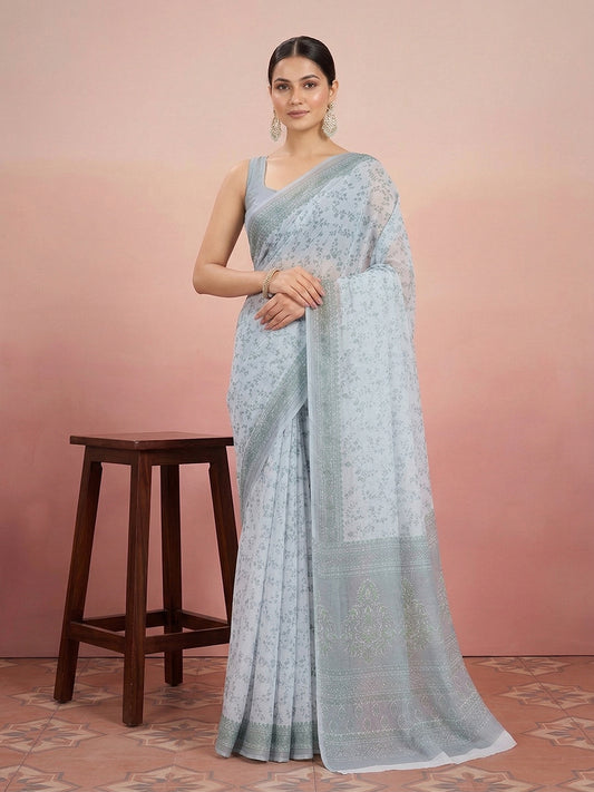 Grey Floral Print Pure Cotton Saree | No Blouse Piece