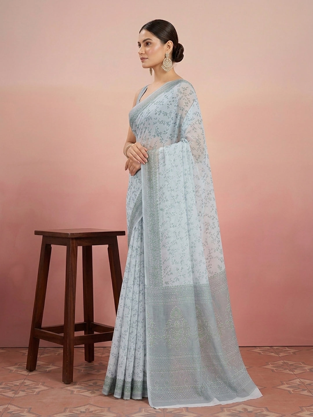 Grey Floral Print Pure Cotton Saree | No Blouse Piece