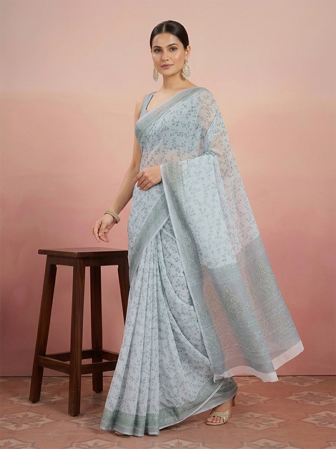 Grey Floral Print Pure Cotton Saree | No Blouse Piece