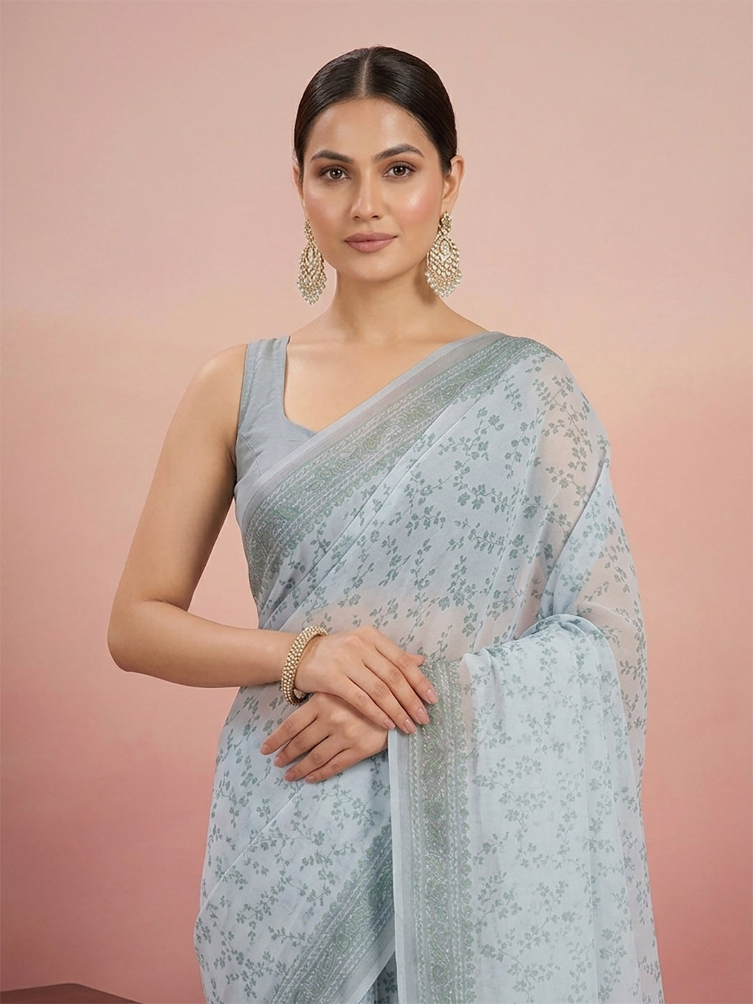 Grey Floral Print Pure Cotton Saree | No Blouse Piece