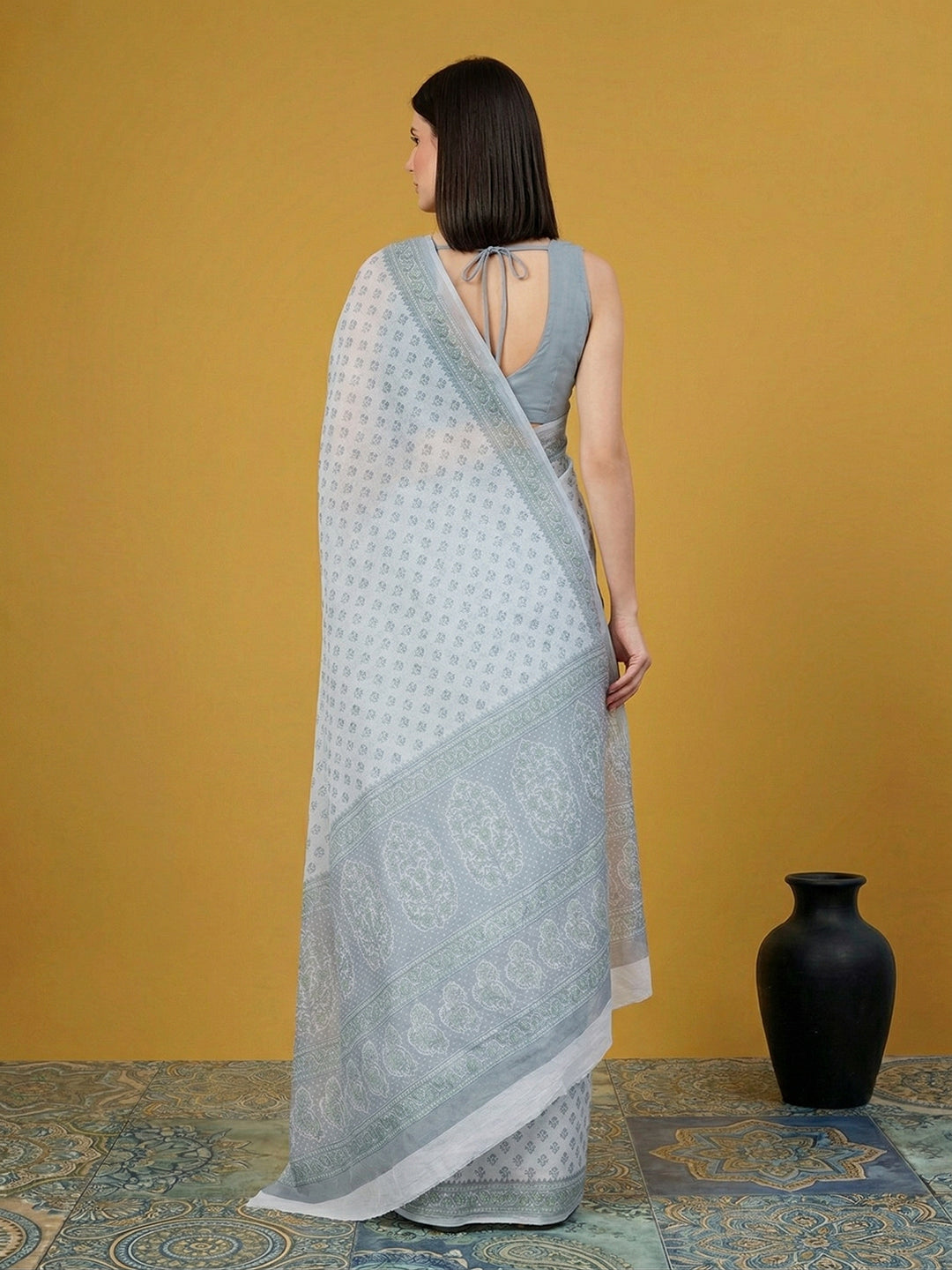 Grey Floral Print Pure Cotton Saree | No Blouse Piece