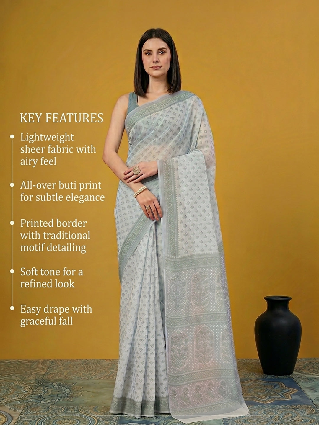 Grey Floral Print Pure Cotton Saree | No Blouse Piece