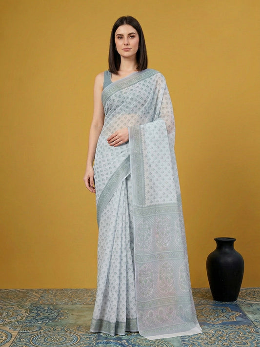 Grey Floral Print Pure Cotton Saree | No Blouse Piece