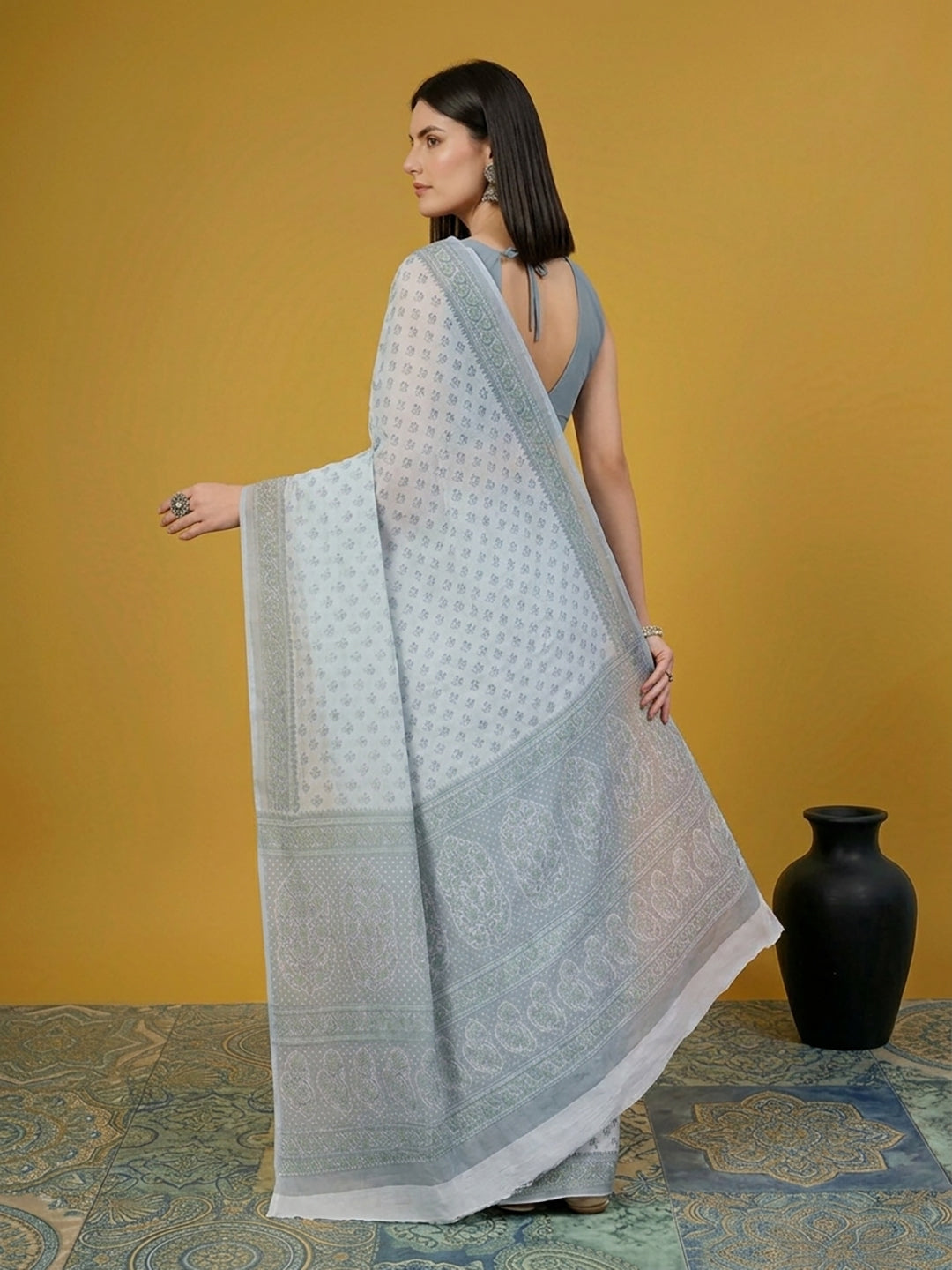 Grey Floral Print Pure Cotton Saree | No Blouse Piece