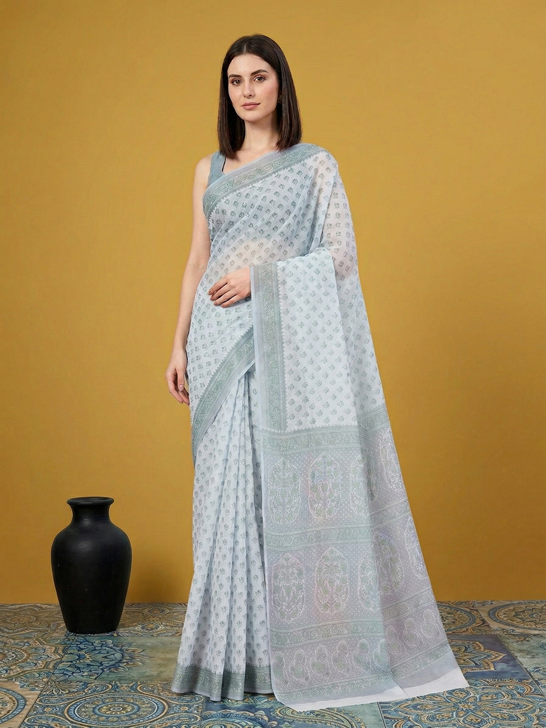 Grey Floral Print Pure Cotton Saree | No Blouse Piece