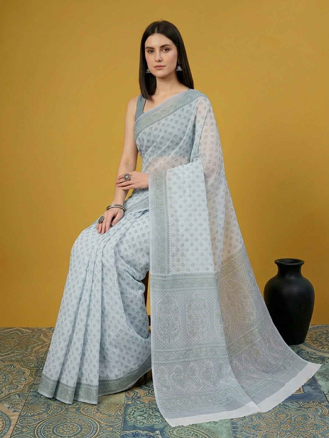 Grey Floral Print Pure Cotton Saree | No Blouse Piece