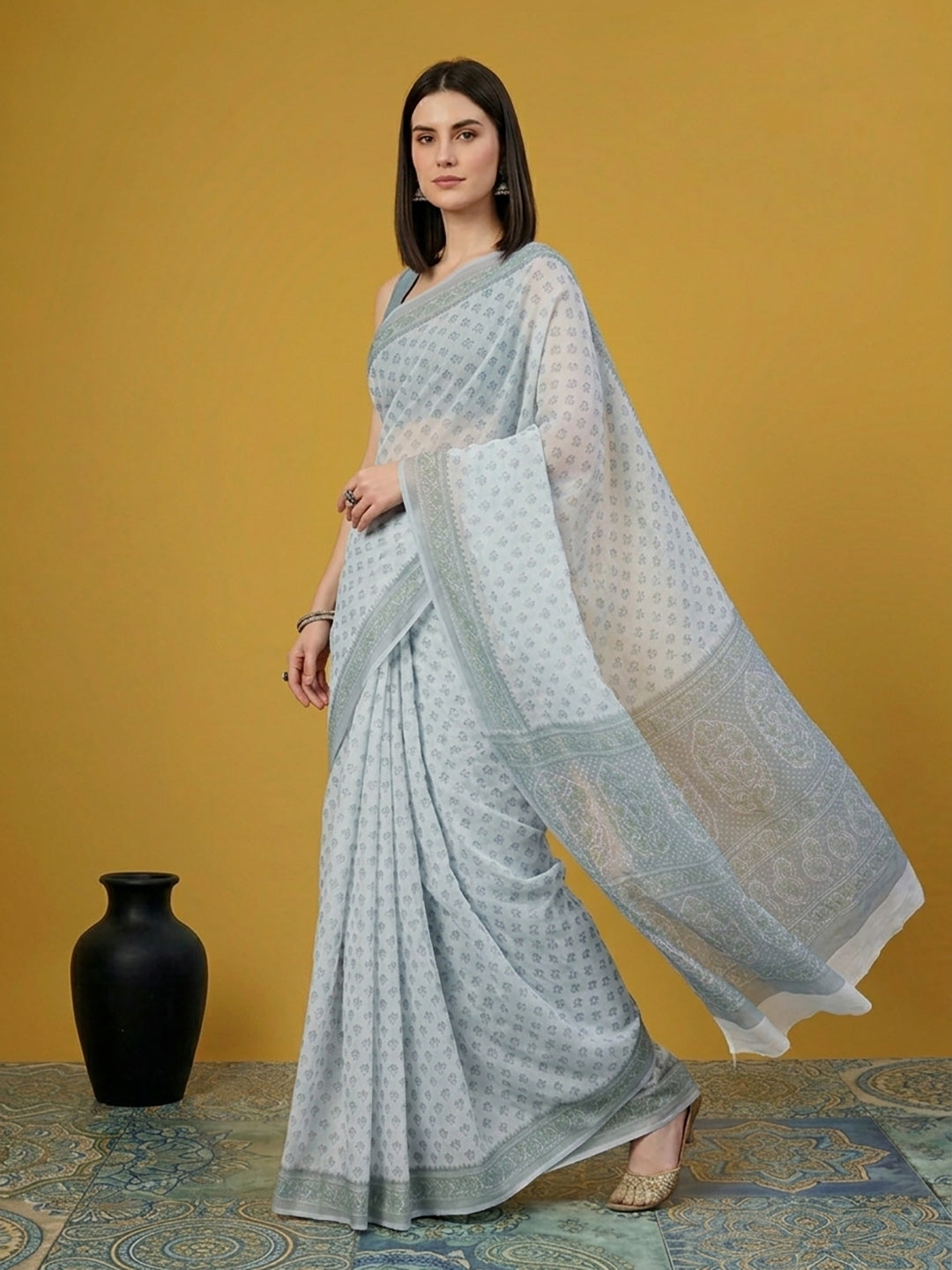 Grey Floral Print Pure Cotton Saree | No Blouse Piece
