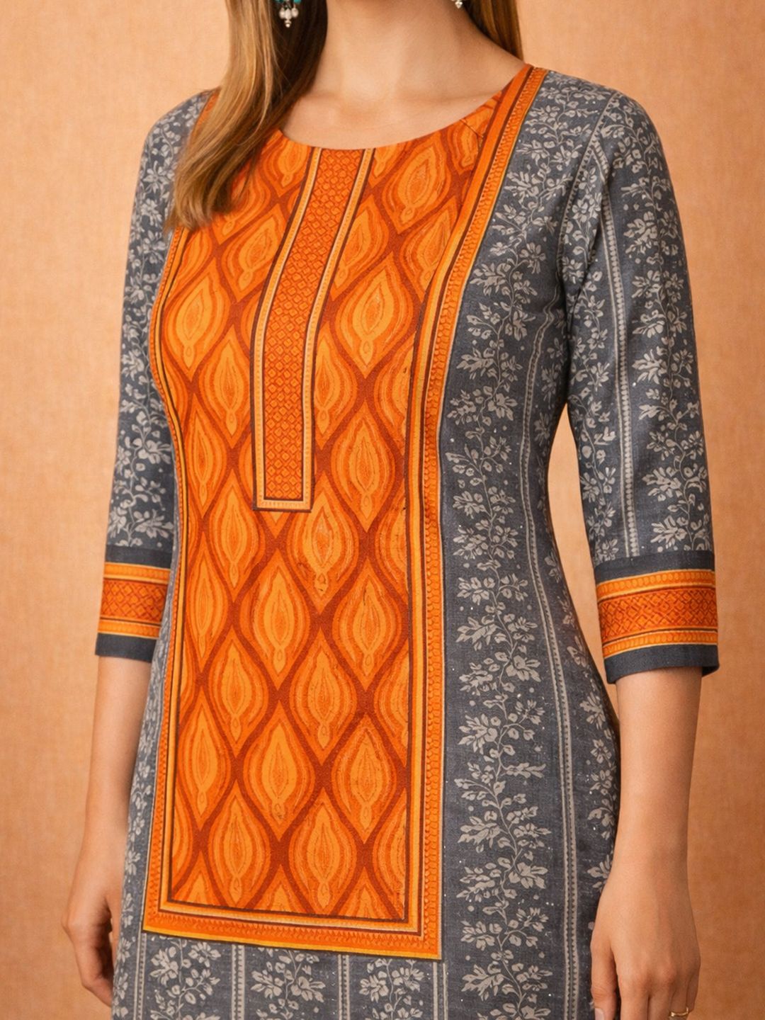 Orange Block Print Cotton Kurta