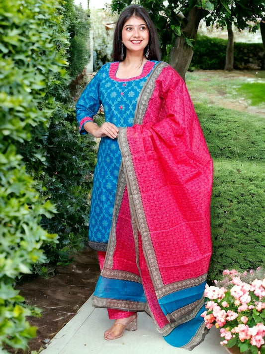 Blue Kurta, Patiala & Dupatta Set | Self Design