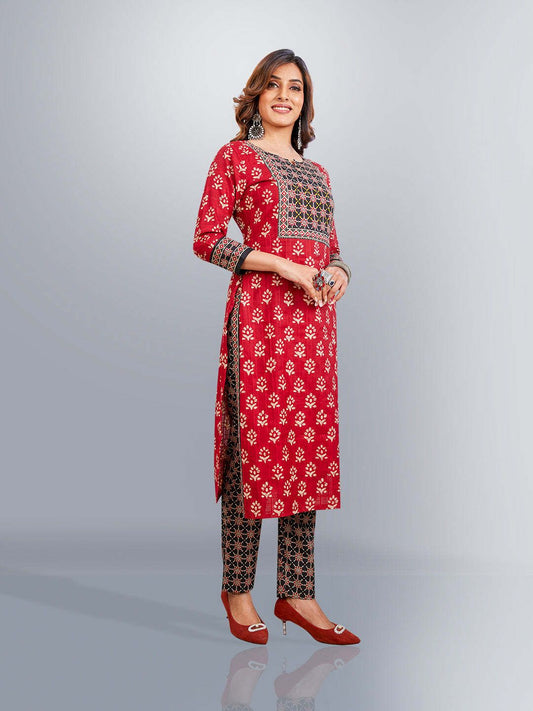 Red Kurta, Salwar & Dupatta Set | Printed & Embellished