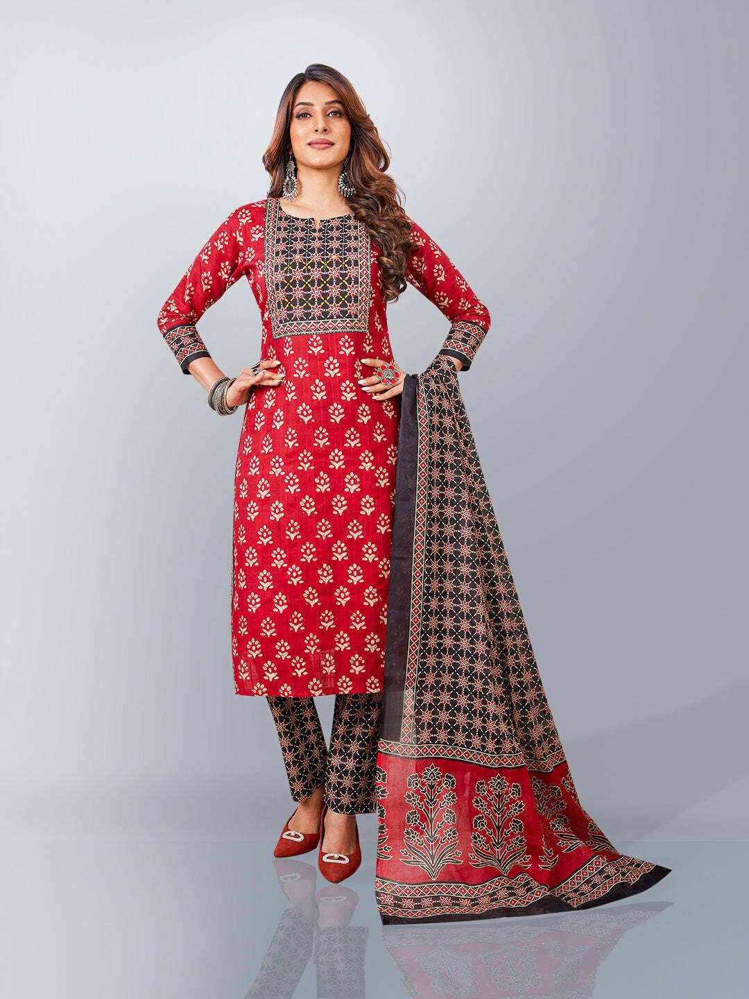 Red Kurta, Salwar & Dupatta Set | Printed & Embellished