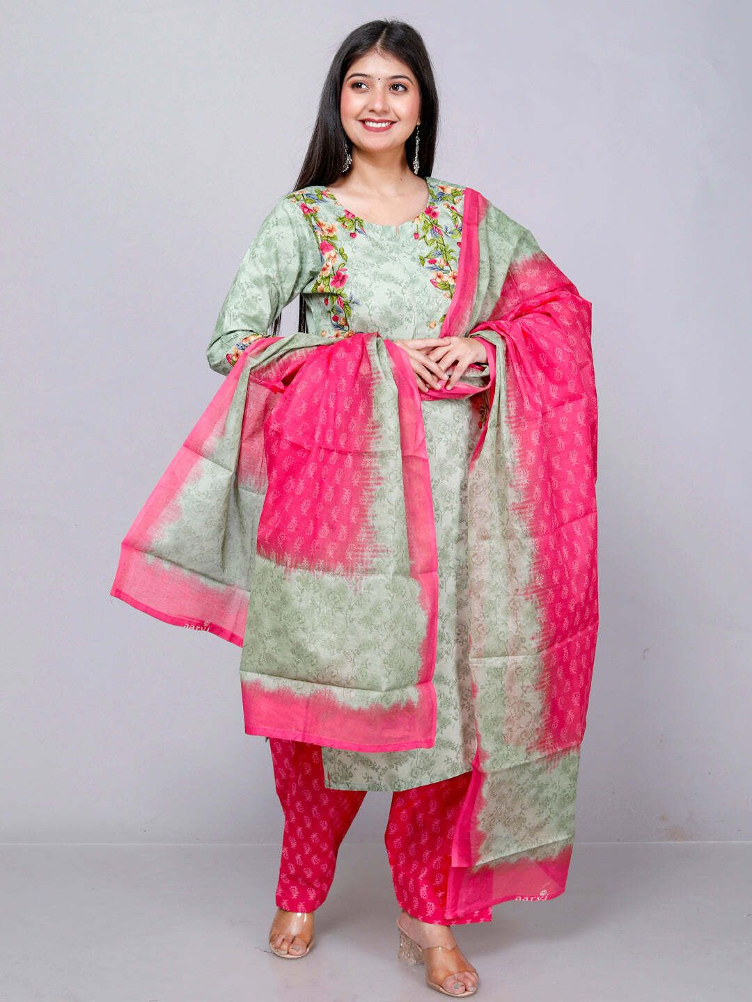 Olive Kurta, Patiala & Dupatta Set | Floral Print