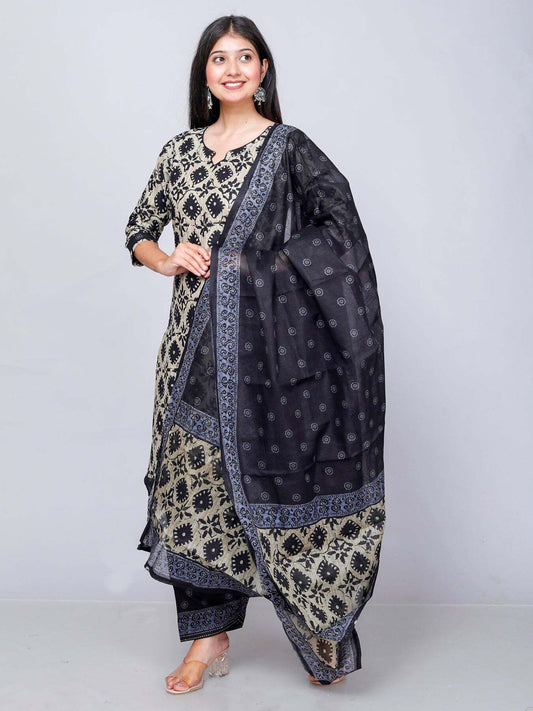 Beige Kurta, Patiala & Dupatta Set | Printed
