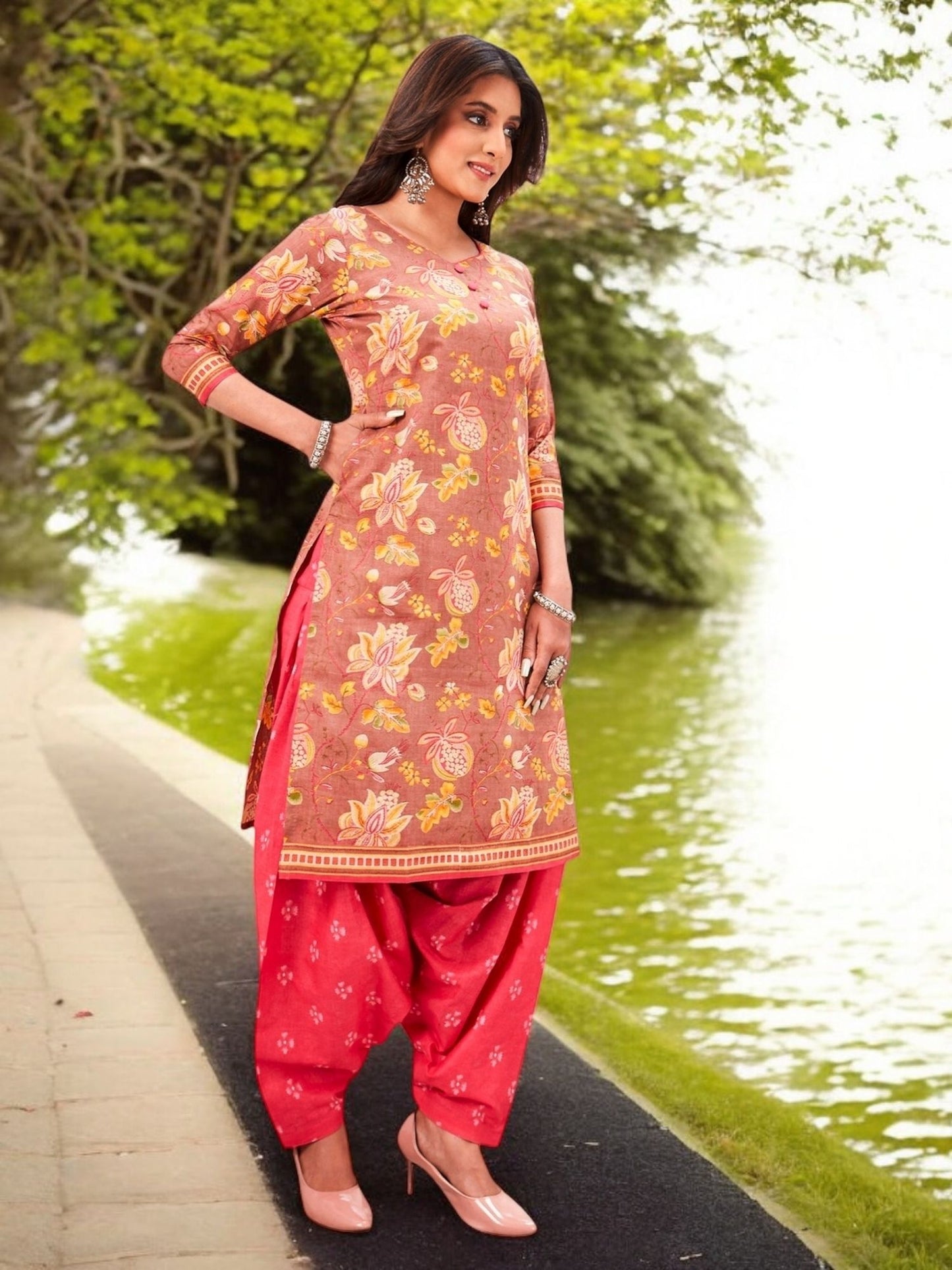 Brown Kurta, Patiala & Dupatta Set | Floral Print