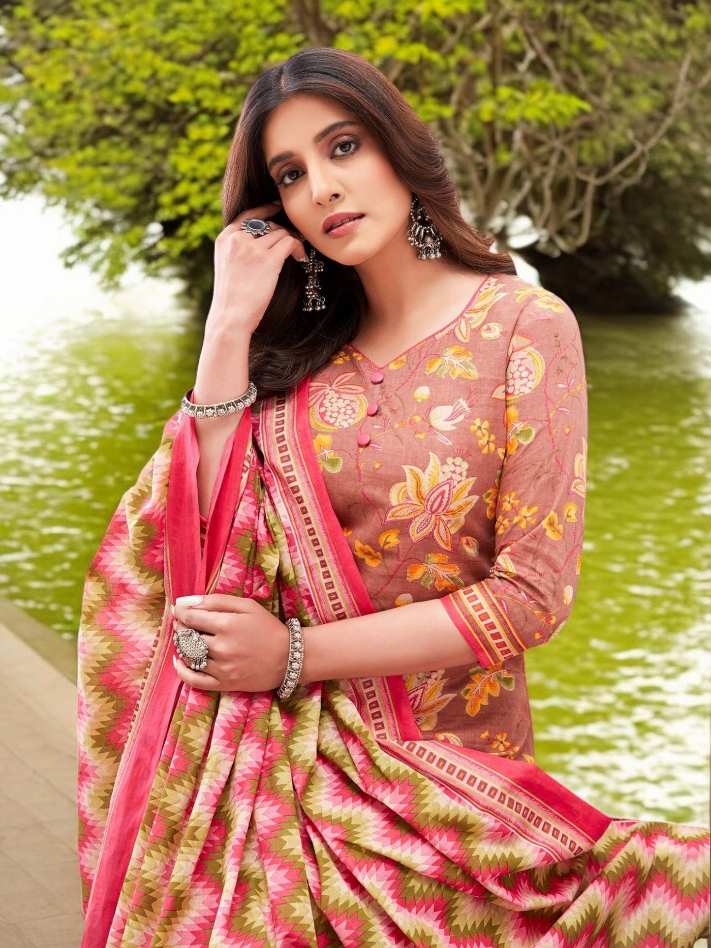 Brown Kurta, Patiala & Dupatta Set | Floral Print