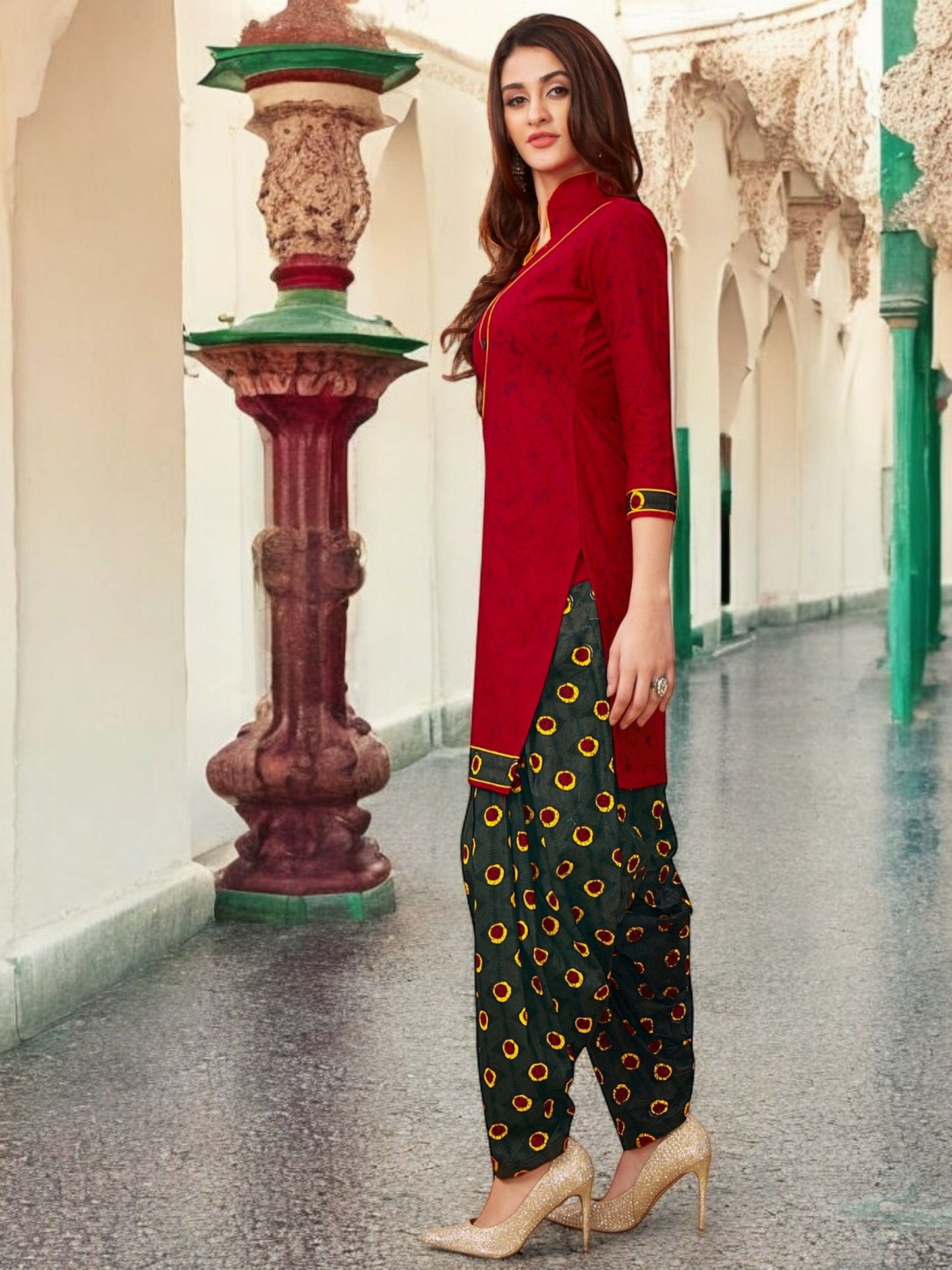 Red Kurta, Patiala & Dupatta Set | Printed