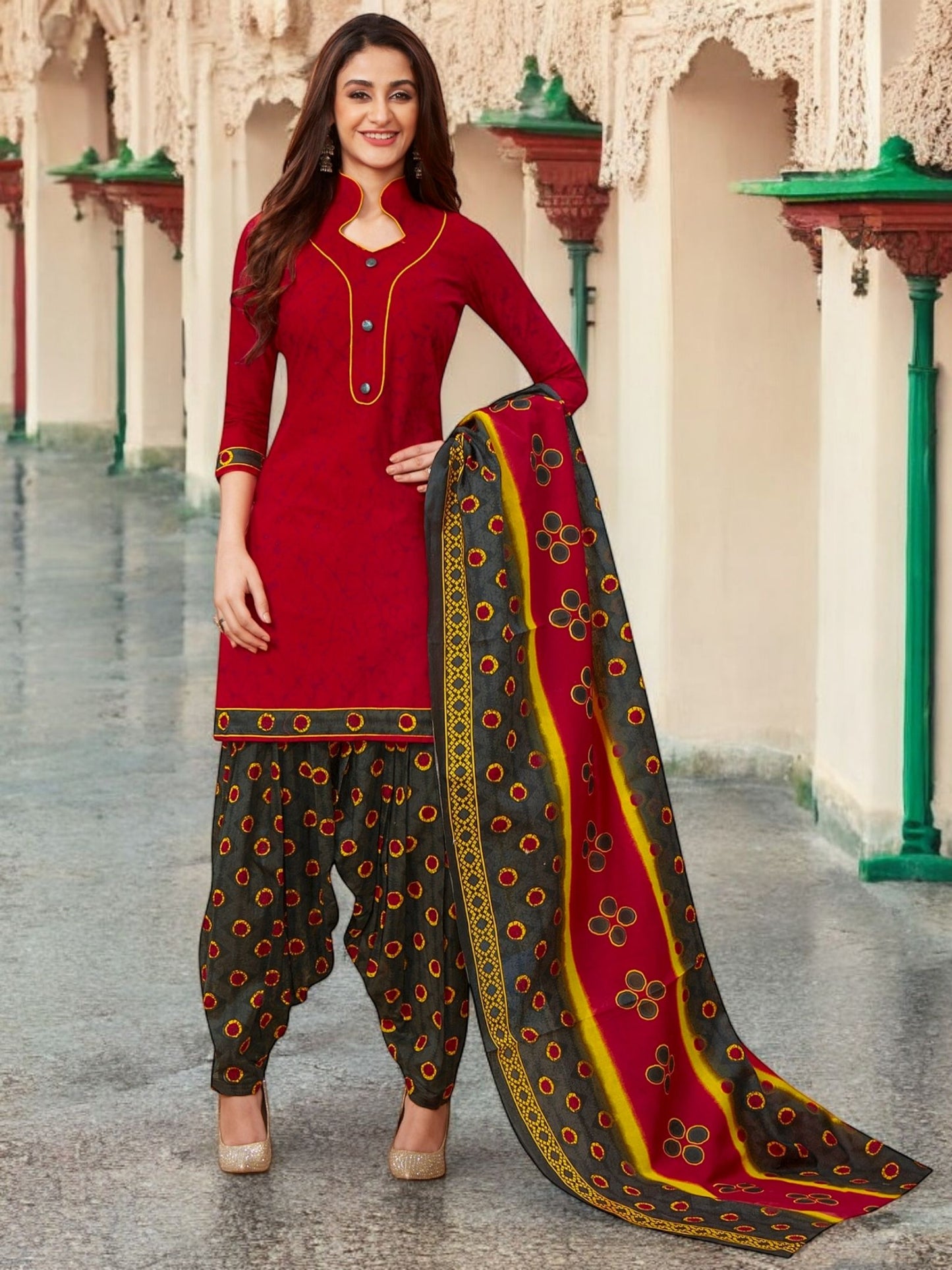 Red Kurta, Patiala & Dupatta Set | Printed