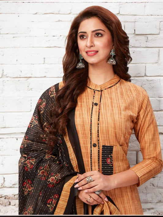 Beige Kurta, Patiala & Dupatta Set | Self Design
